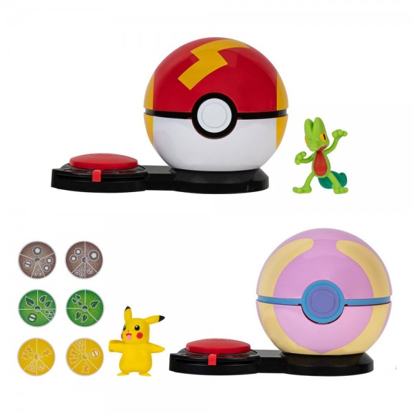 Pokémon Surprise Attack Game - Pikachu (weiblich) mit Turboball vs. Geckarbor mit Heilball: Jazwares